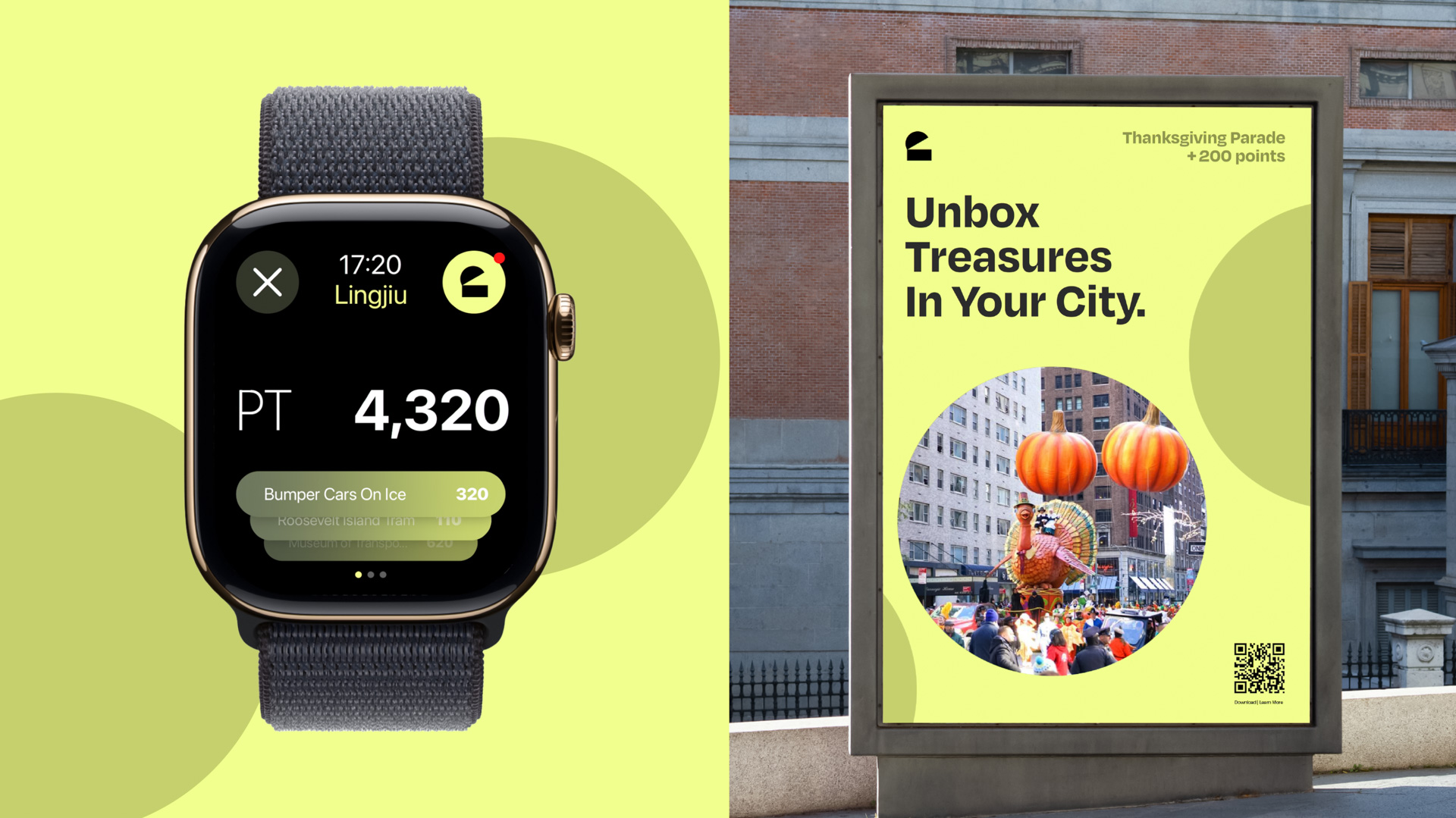 smart watch with text on it and next to it a street sign digital advertisement